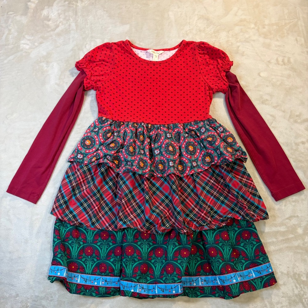 Matilda Jane Girls Red Plaid Polka Dot Tiered Holiday Dress Size 10